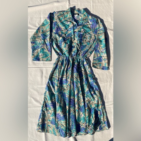 Caliche All Over Print Dress Vintage 80s 3/4 Sleeve Pockets Collared Funky - Picture 1 of 14
